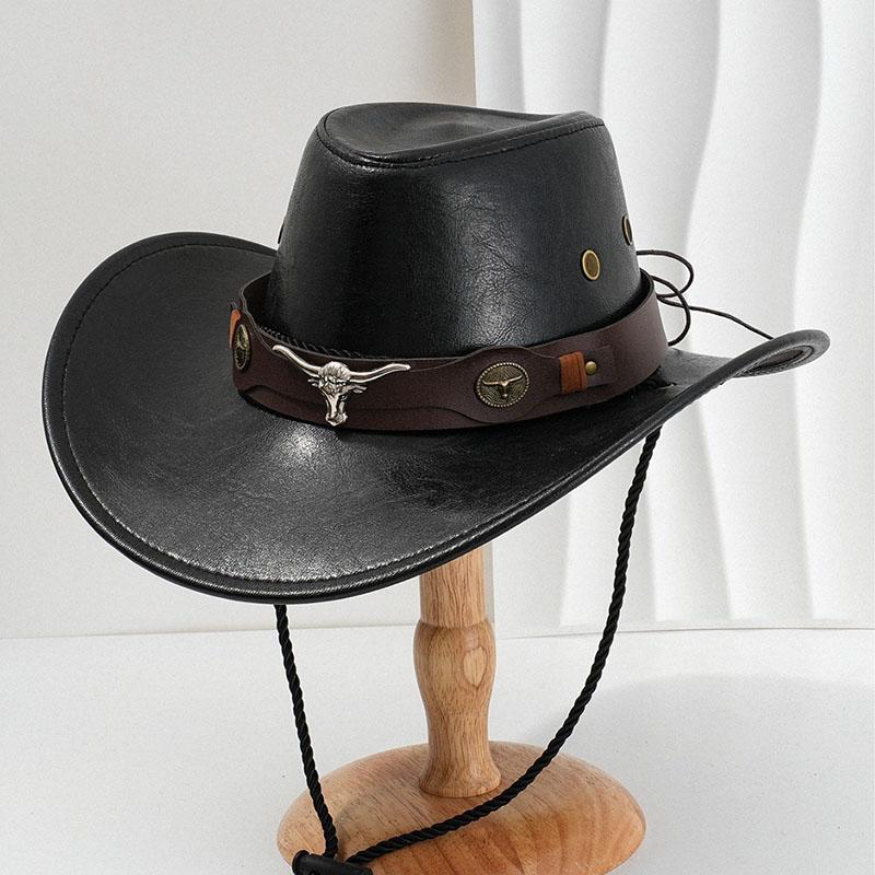 Vintage Faux Leather Classic Wide Brim Cowboy Hat Bullhead Decor Outdoor Sun Shield Hat Men Women Western Style Cowgirl Jazz Cap