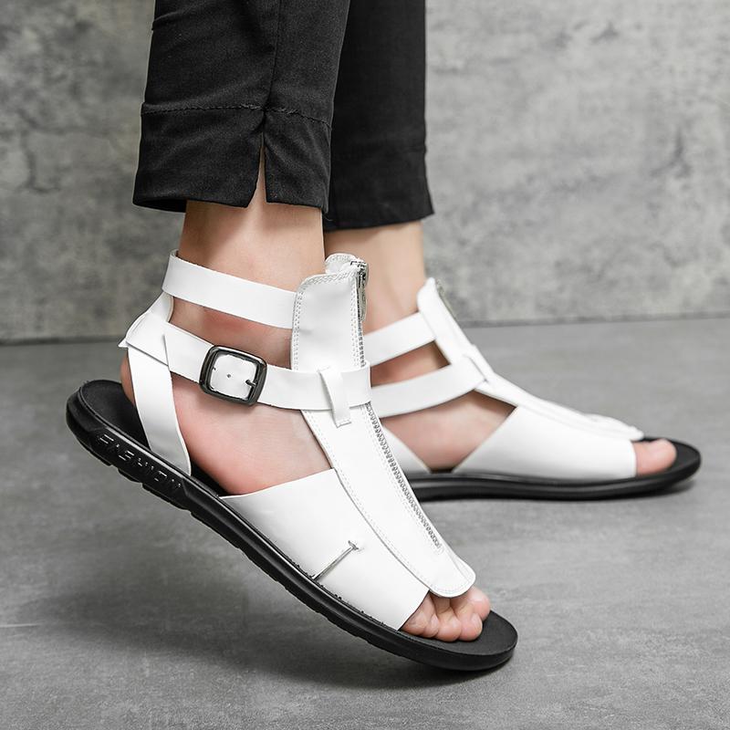 Men Black White Leather Gladiator Sandals Outdoor Summer Roman Sandals Peep Toe Beach Shoes