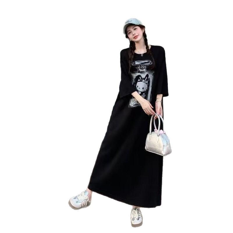 Lazy Loose Cartoon Printed Short-sleeved T-shirt Long Dress Women's Korean Summer New Long Retro Salt Dress