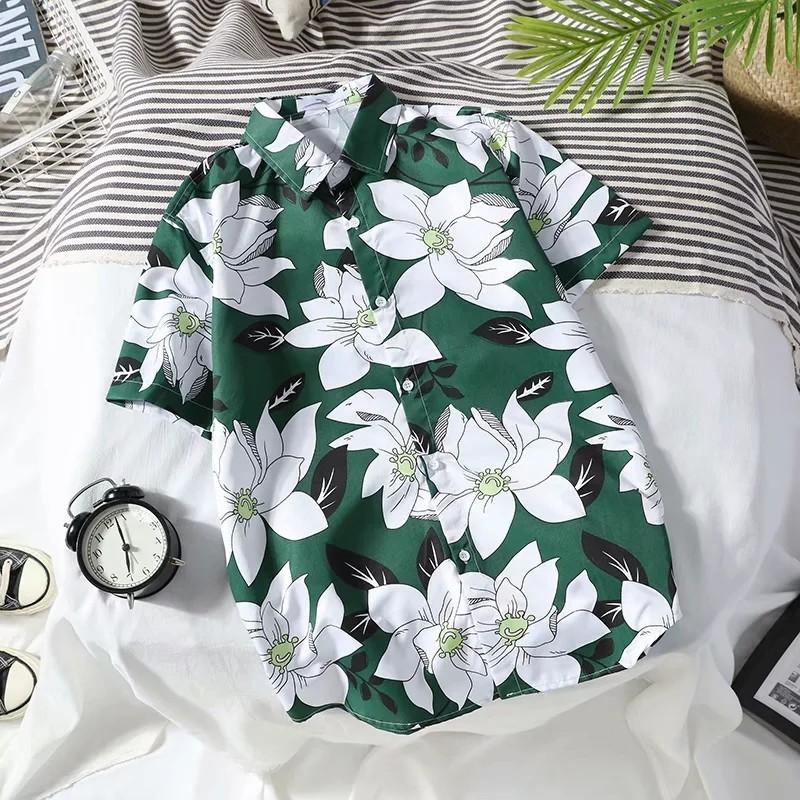 Men Tees Hawaiian Shirt Beach Print Tee Plus Size Loose Overshirt Half Sleeve Retro Clothes Casual Male Undies Button Up Top Summer
