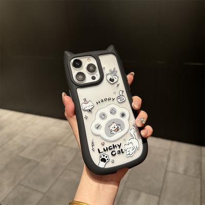 Niedliche Katzenohr-Lünette mit Katzenpfoten-Ständer-Telefonhülle für iPhone 15 Pro Max 14 Plus 13 12 Pro 11 All-Inclusive-Absturzsicherung