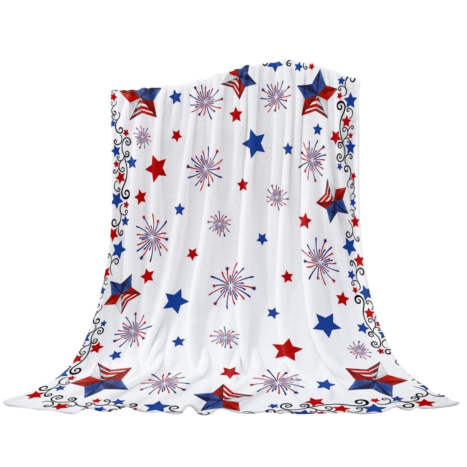 

Flannel Throw Blanket with Star Print and Freedom Lettering Soft Lightweight Sofa Bed Cover for Home Decoration Use One Size