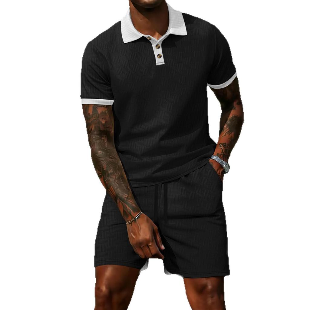 Men's Spring Jacquard Lapel Polo Shirt & Color Block Short Pants Set - Mature Casual Style