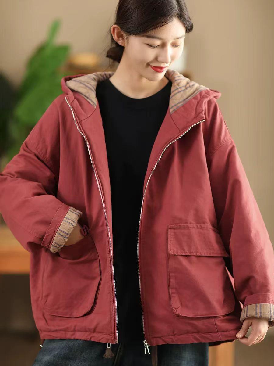 

Johnature Women Vintage Hooded Winter Coats Solid Color Patchwork Pockets Zipper Casual Coats One Size червоний