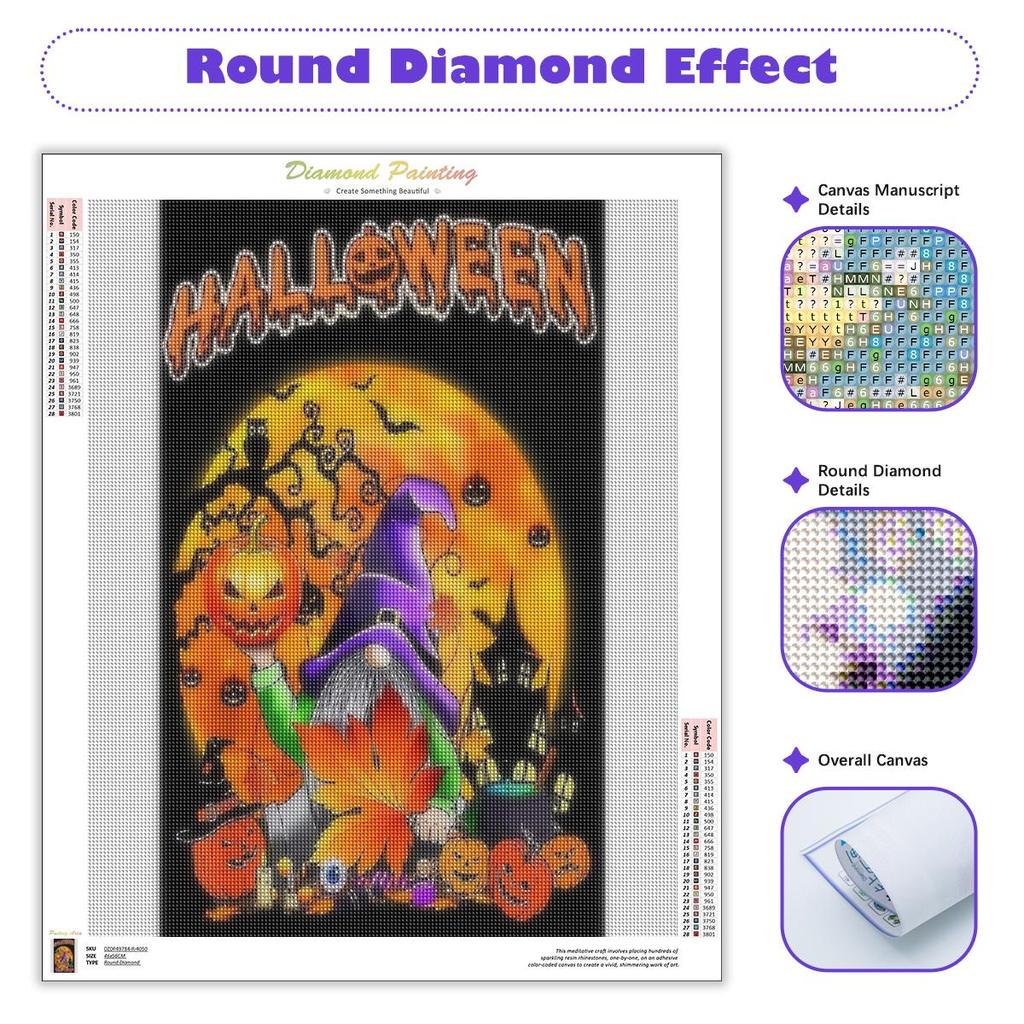 5D Diamond Painting Halloween Pumpkin Full Round Diamond Embroidery Cross Stitch Kit Cartoon Bat Mosaic Wall Decor Art 30x40cm/12x16inch