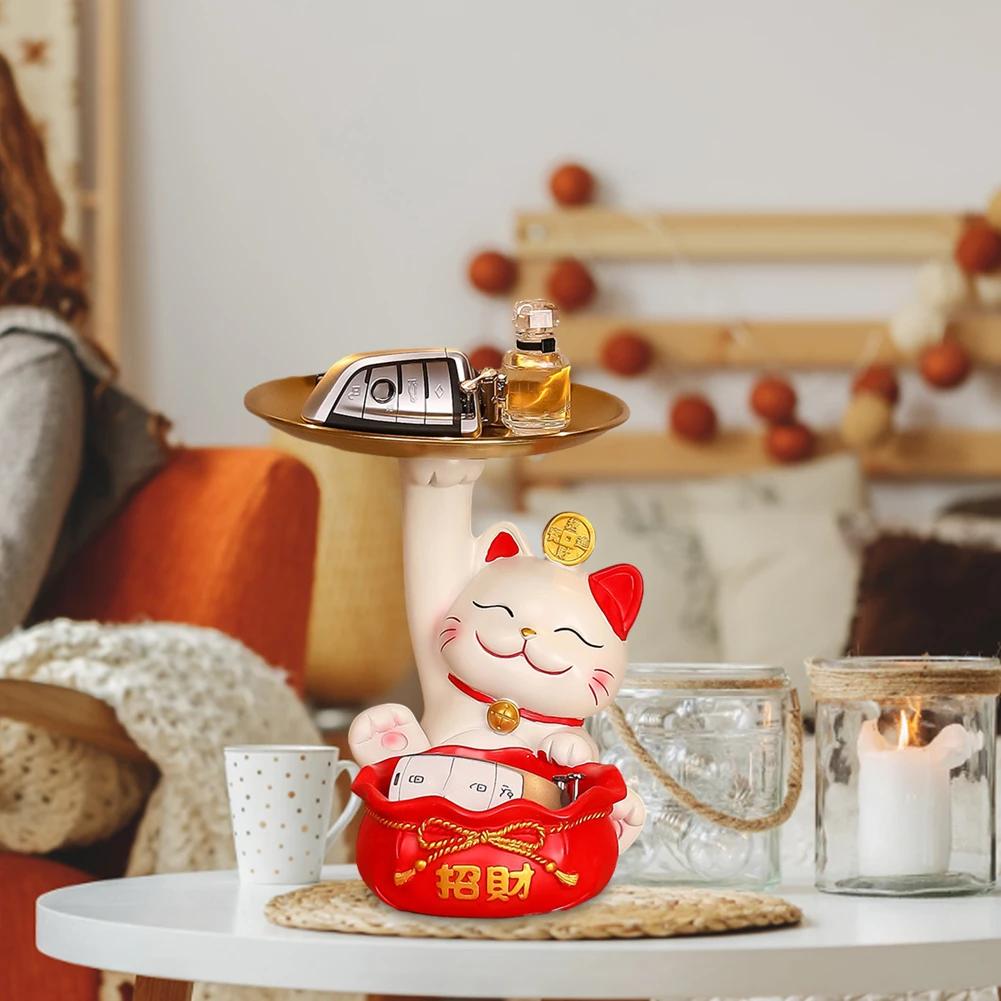 Fortune Cat Key Storage Tray Cartoon Creative Storage Tray Lucky Cat Home Storage Decorative Ornament for Home Porch Living Room