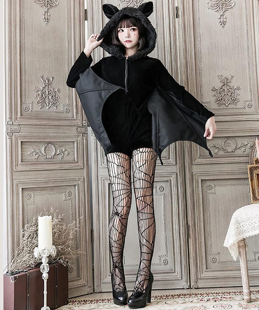 Milky Time Bat Halloween Cosplay Vampire Devil Costume for Adults with Fishnet Tights (L)
