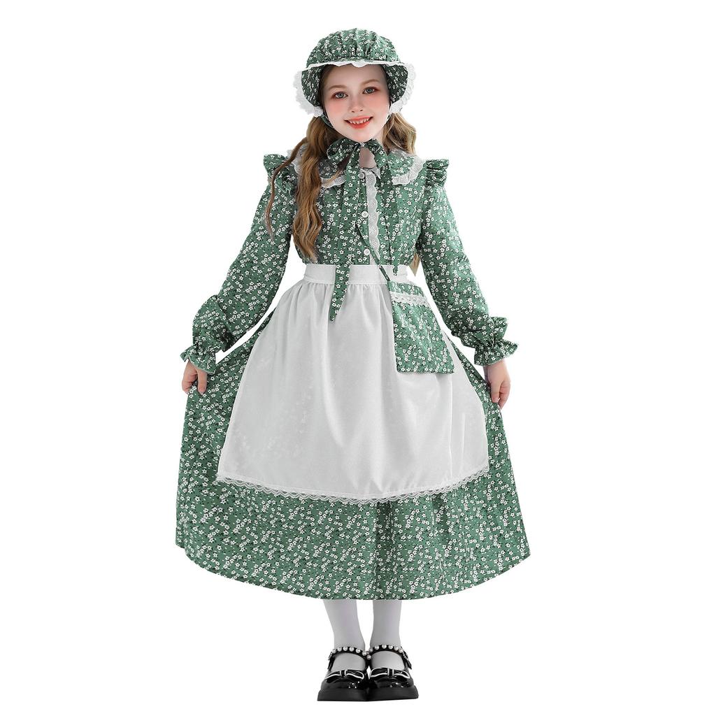 Colonial Girl Children's Costume Prairie Pioneer Children's Costume Halloween Pastoral Maid Dress