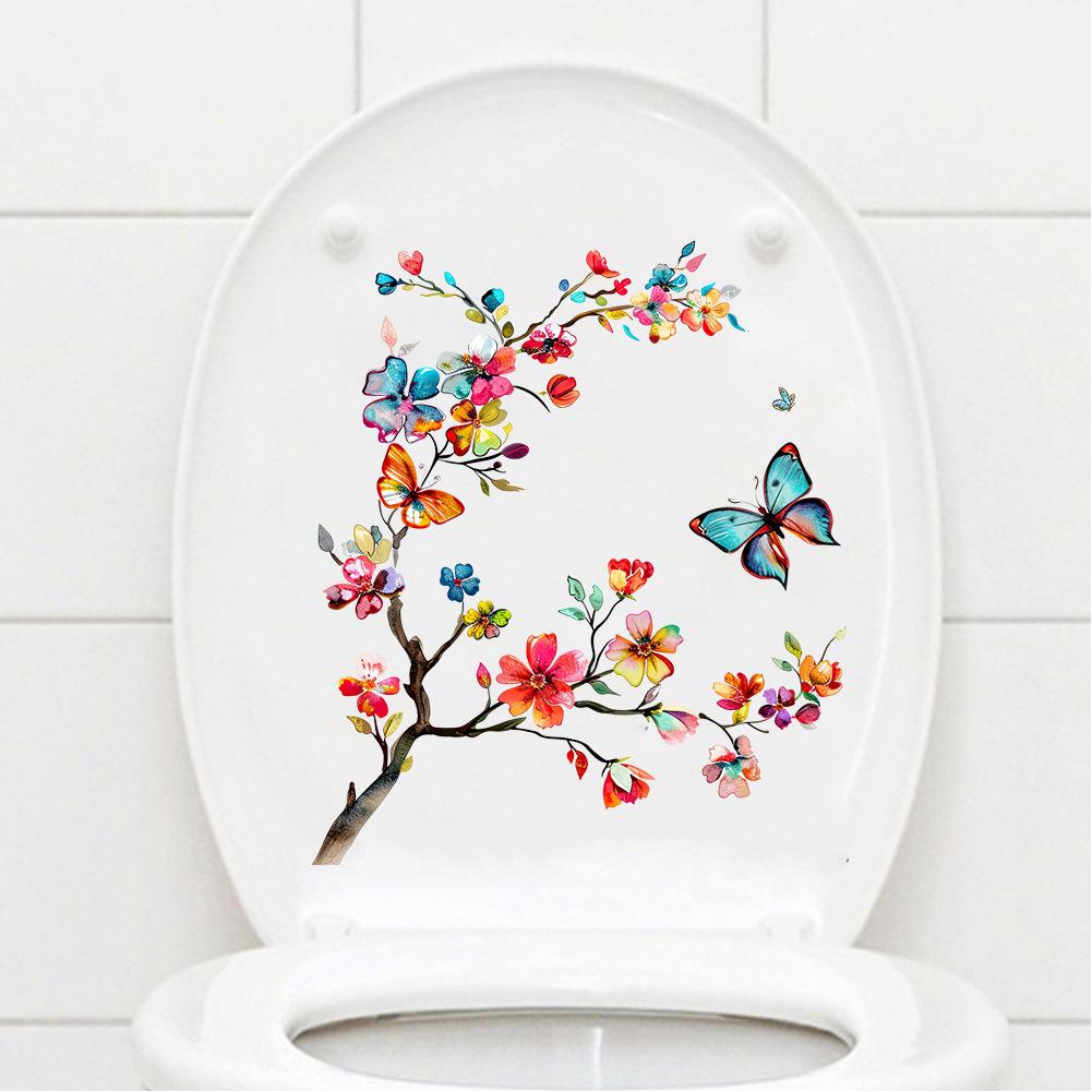 Flower Wall Stickers, Self-adhesive Butterfly Toilet Sticker Peel And Stick, Floral Leaf Decor Art DIY Wall Decals Wallpaper Supplies For Refrigerator