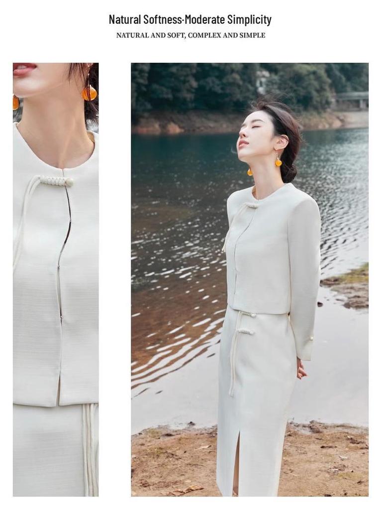 Beige Chinese Style OL Midi Skirt Set with Round Neck and Front Slit