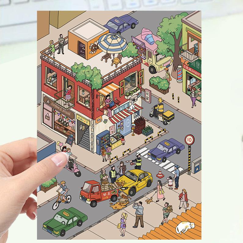 Kreslené krajinné samolepky Vícenásobný miniaturní svět 3D chata Rozbalit DIY scéna Ruční příspěvek