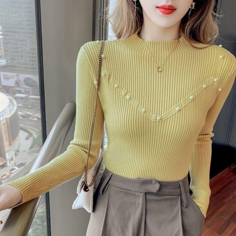 2026 Autumn Winter Women Mock Neck Pearl‑Decor Ribbed Knit Pullover Stylish Slim‑Fit Long‑Sleeve Inner Sweater Solid Top