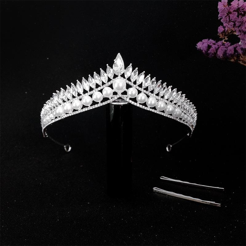 

Exquisite High Gloss Pearl Bridal Crown and Diamond Bridal Tiara Bridal Three Piece Set