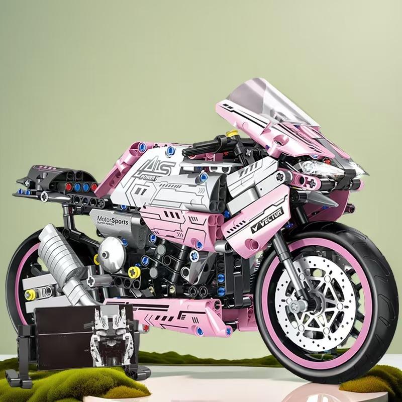 Non-Toxic 1860 Pieces Of Building Blocks Pink Motorcycles Super Cool Futuristic Style Technological Design Easy To Assemble And Operate