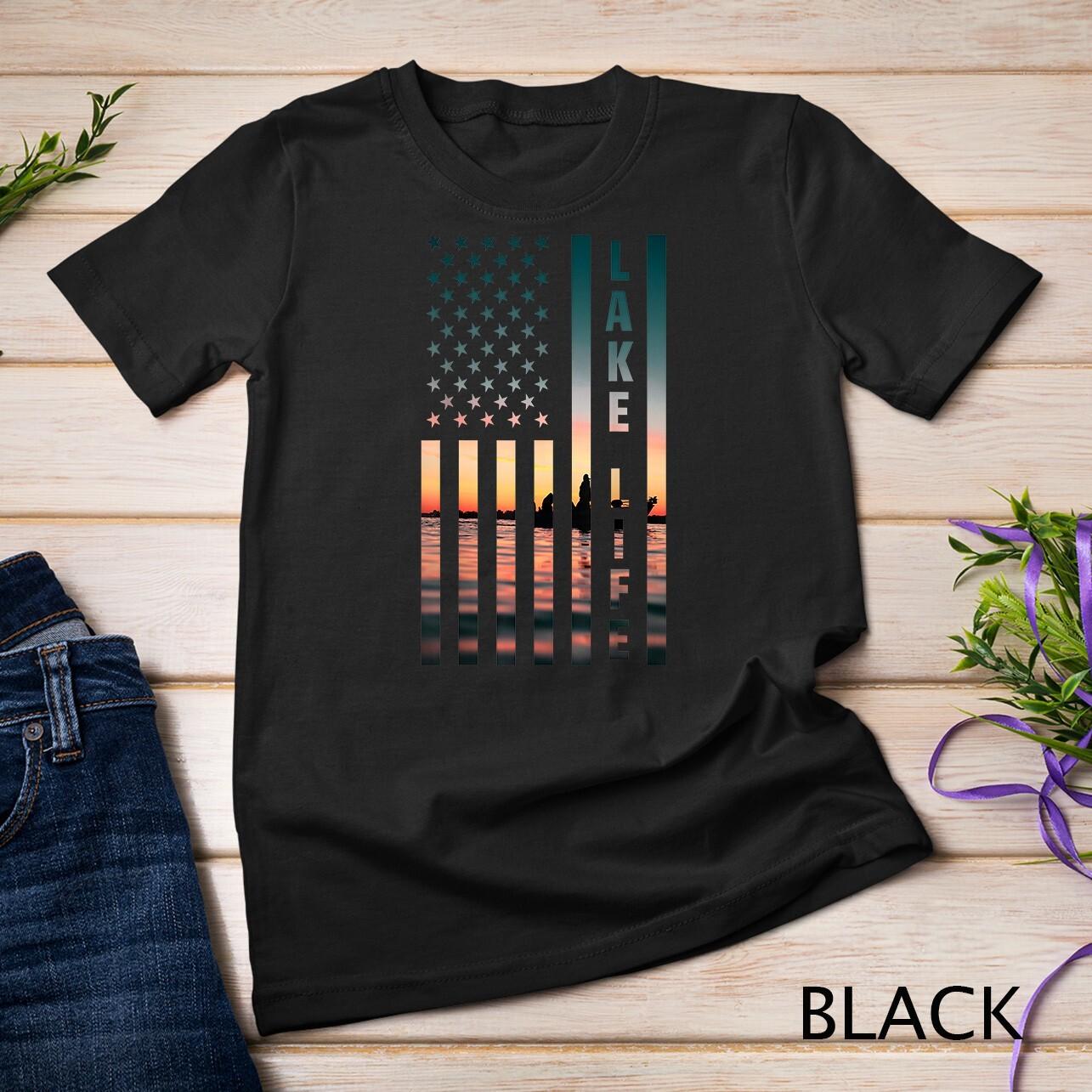 Lake Life Fisherman Sunset American Flag Bass Fishing Boat Unisex T-Shirt Mens Womens Tees Top 2XL