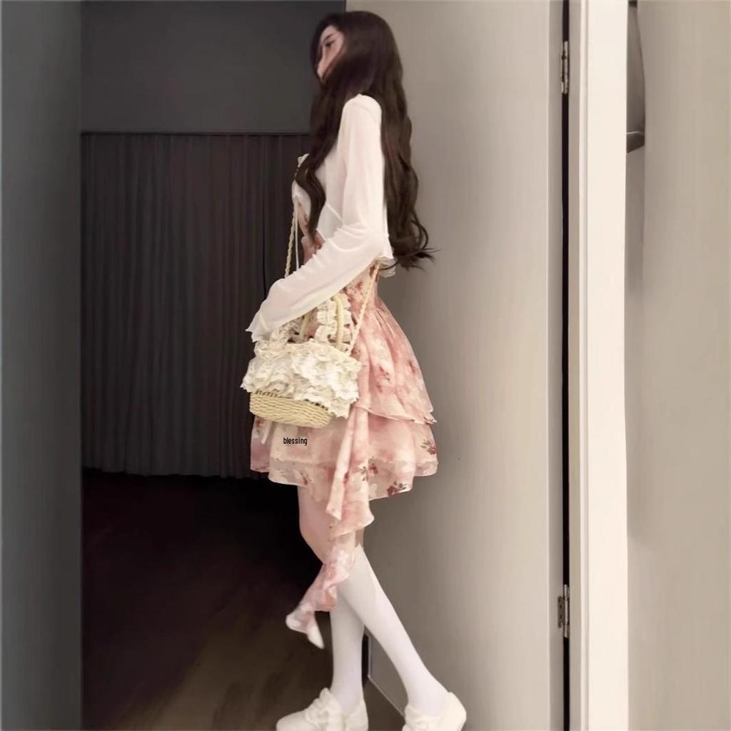 Atmosphere Floral Spaghetti Strap Dress & Cardigan Set - Sweet Spring/Summer Waist-Hugging Skirt