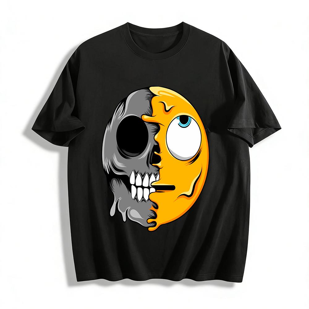 Melting Half Skull Emoji Print Trendy Casual Short Sleeve T-Shirt Pure cotton T-shirt XXS