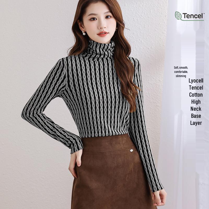 Women s Striped High-Neck Tencel Long-Sleeve Winter Top 2X Large серый