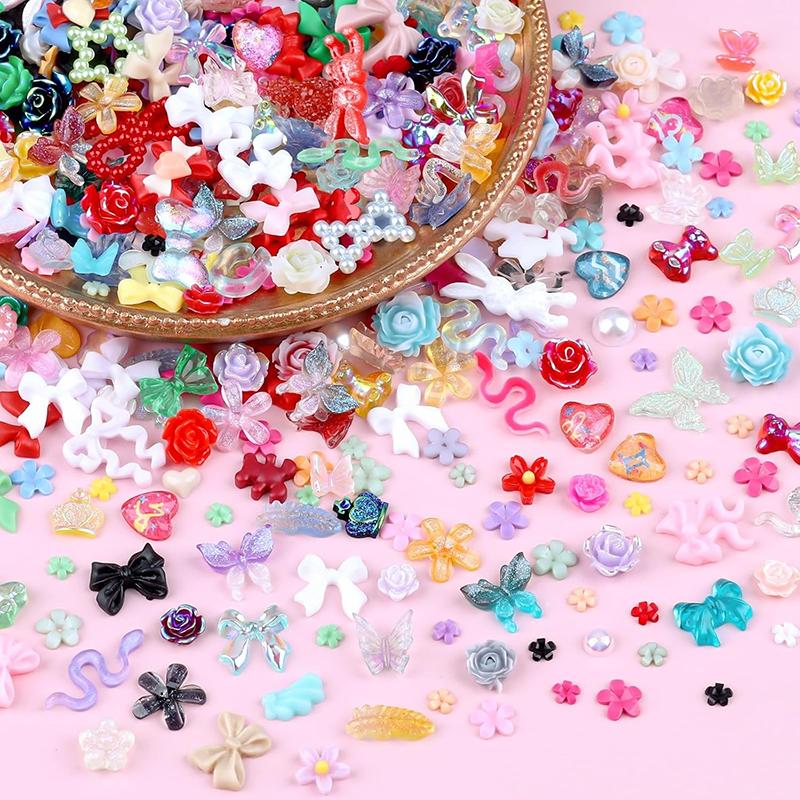 WTEMPO 200 Pieces 3D Mix Assorted Resin Nail Charms Hollow Pearl Heart Nail Art Charms Gems Gummy Bear Star Heart Flowers Acrylic Beads