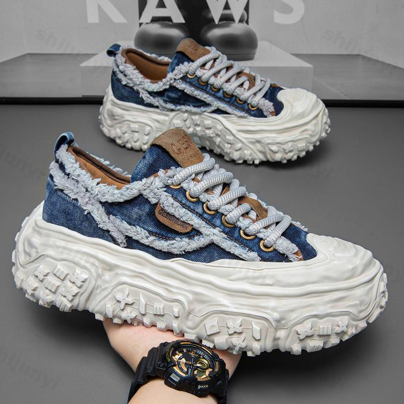 

Модная мужская обувь на толстой подошве 2025 Новые нишевые парусиновые повседневные туфли Модные увеличивающие рост Удобные Нескользящие Шнуровка Массивные кроссовки 39 синий