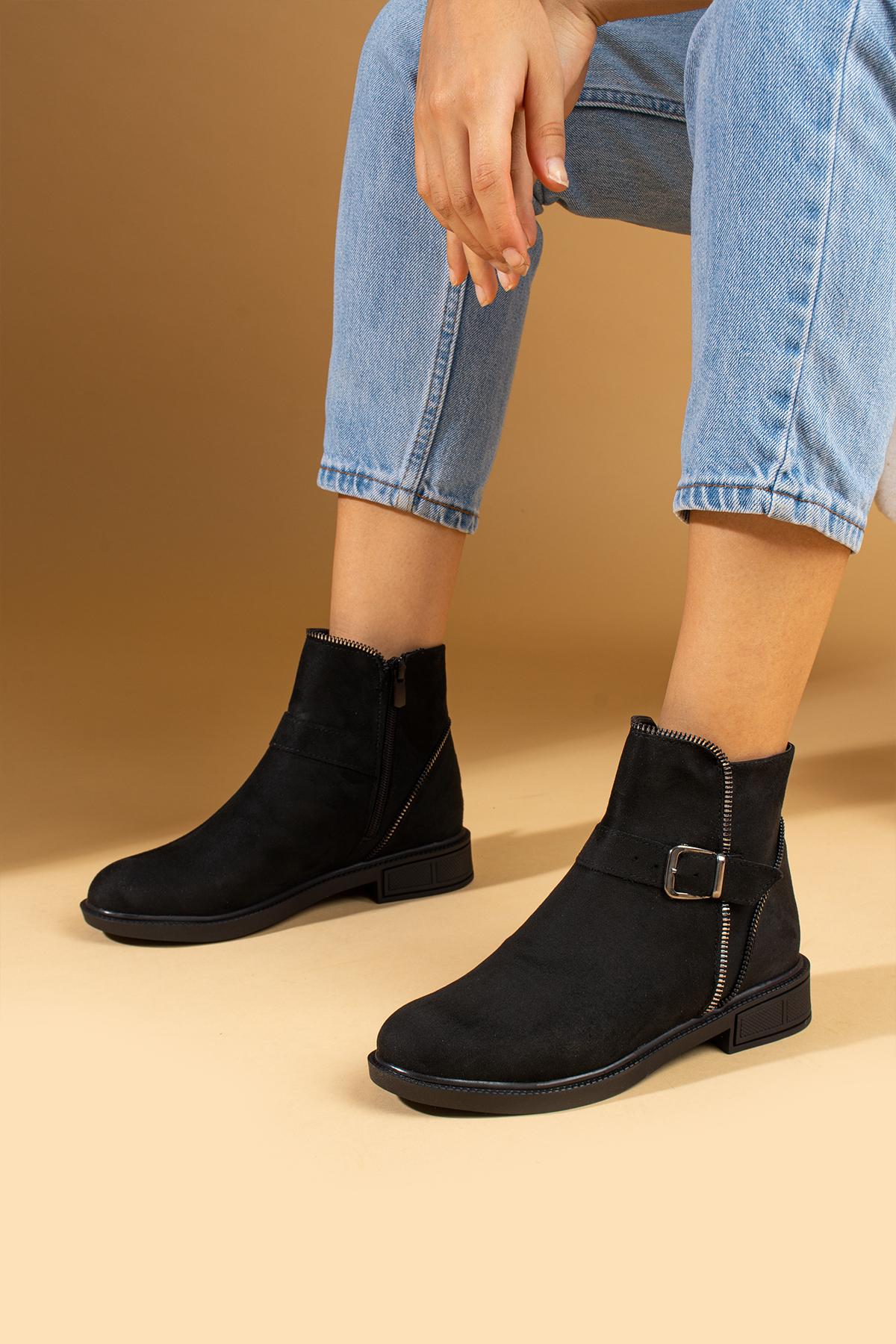 

Buckle Detailed Warm Lining Women s Ankle Boots 57-107-24Suede 36 чёрный