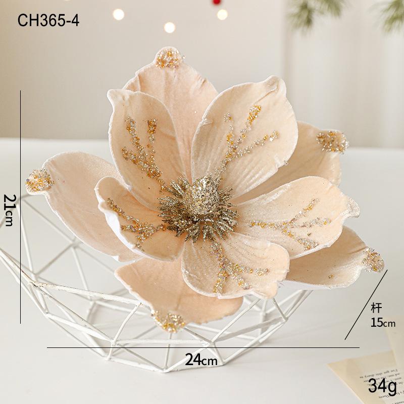 New 24CM sticky powder flocked Christmas flower magnolia flower high-end light luxury fabric Christmas decoration simulation flower