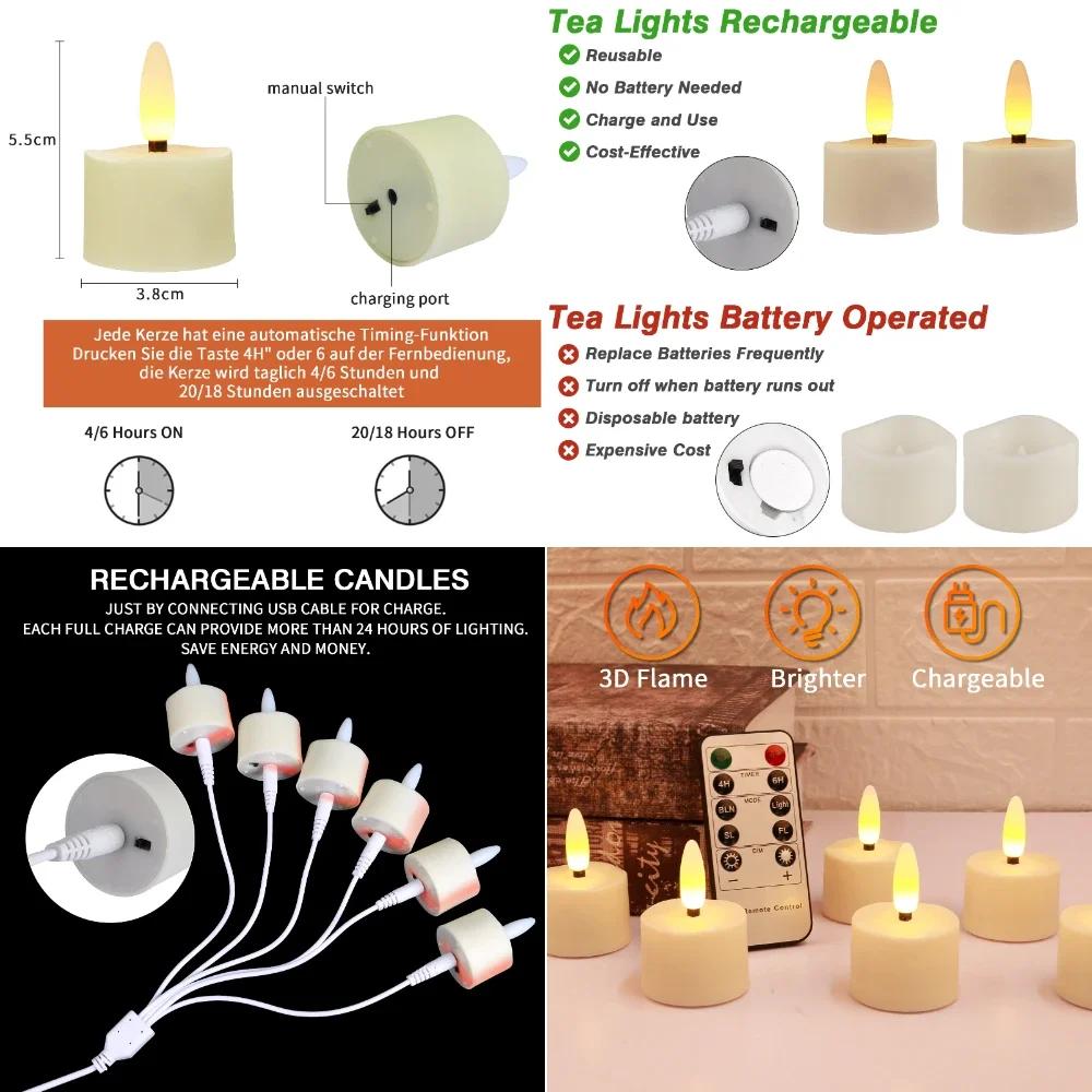 6/12Pack Rechargeable Flameless Candles Flickering LED Tea Light Candles 3D Wick Battery Operated  Electronic Candle Lamp