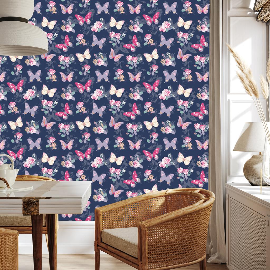 Wallpaper Butterflies Flowers Leaves and Roses for Living Room and Bedroom 50x1000