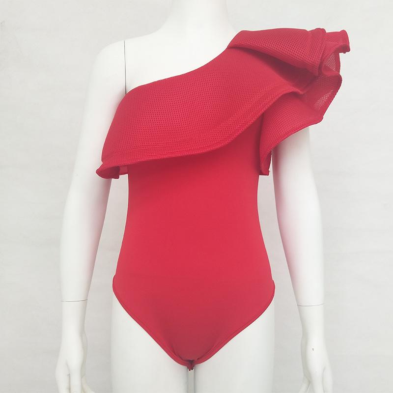 Traje de baño mono ajustado de Color sólido con encaje de hoja de loto sexy de un solo hombro para mujer