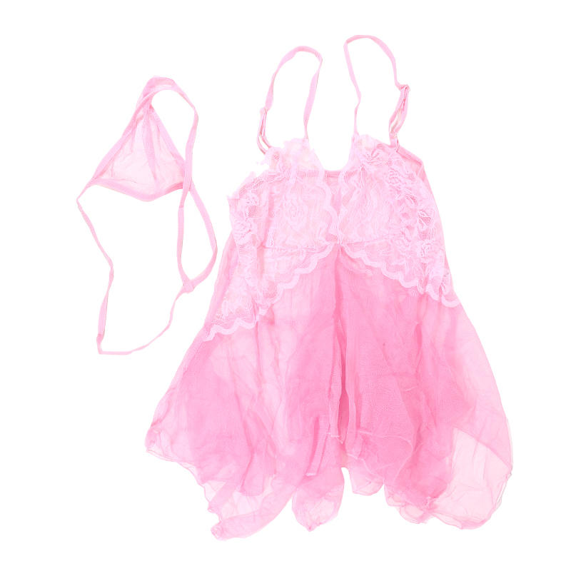 Damenmode Spitze Dessous V-Ausschnitt vorne Babydoll Mesh Nachtwäsche Outfits mit Slip Outfits Sexy Kleid Nachthemd