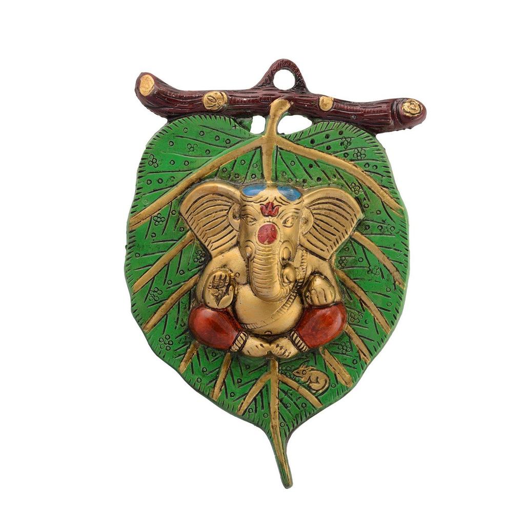 Metal Golden Lord Ganesha In Red Dhoti On Green Leaf Ganesha Wall Hanging | Decorative Showpiece for Wall Decor