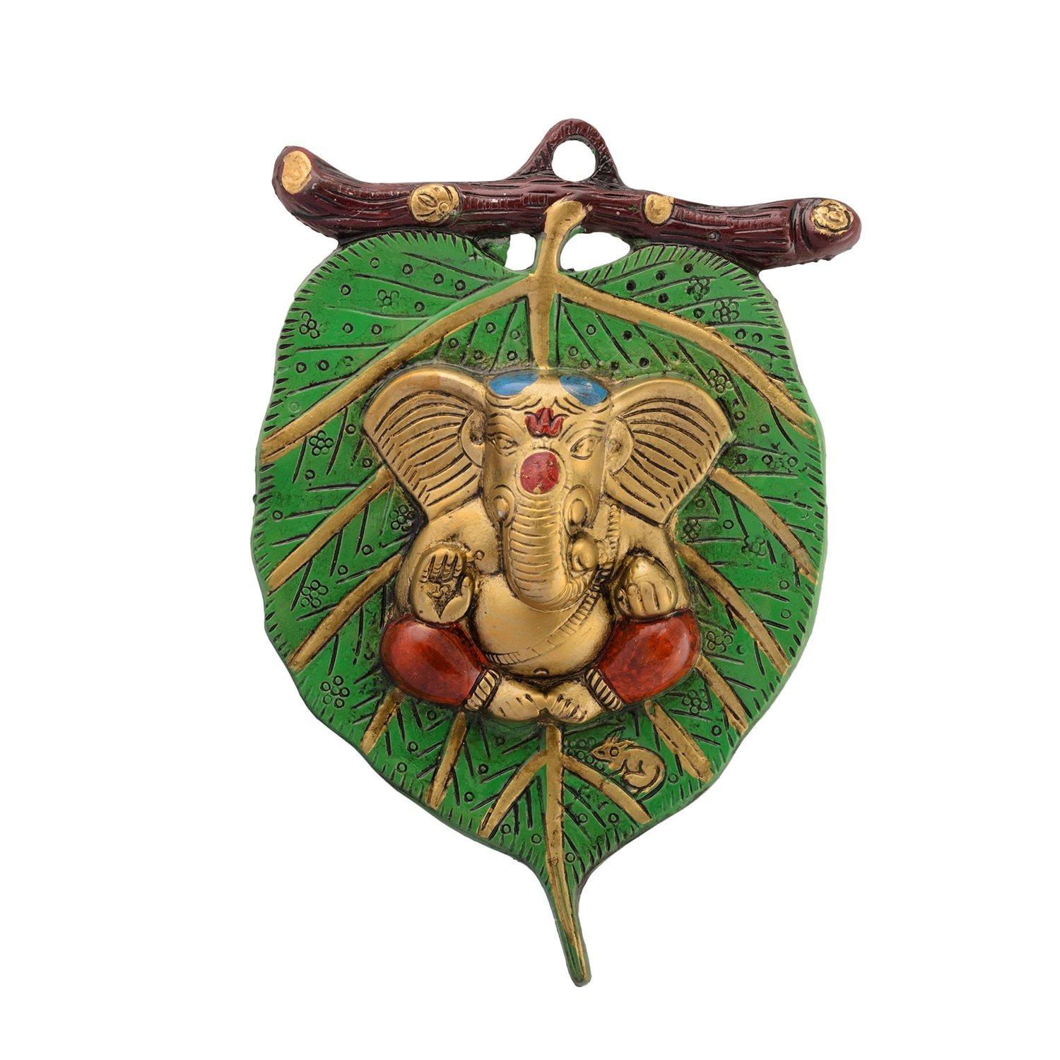 Metal Golden Lord Ganesha In Red Dhoti On Green Leaf Ganesha Wall Hanging | Decorative Showpiece for Wall Decor Onesize
