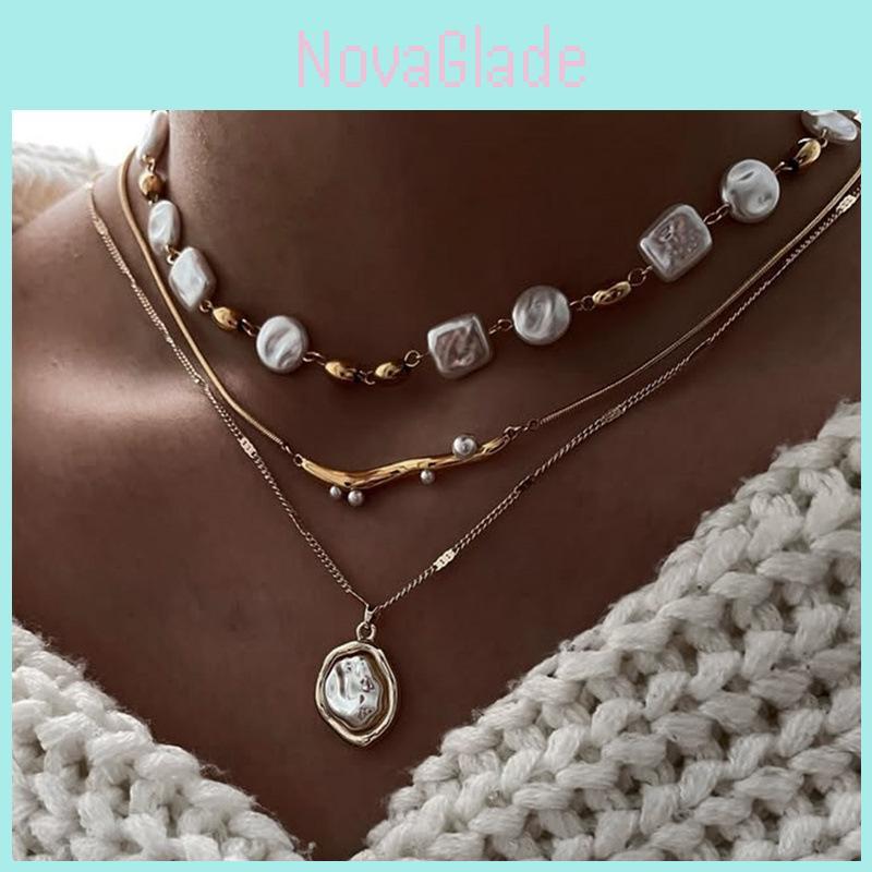Geometric Artificial Pearl Pendant Necklace For Women With Multilayer Chain Summer Style