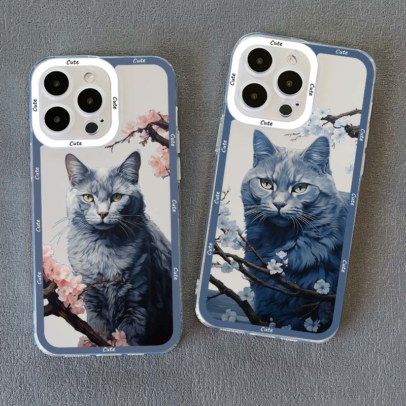 Painted Plum Blossom Flower Cat Clear Phone Case For iPhone 11 12 13 Pro Max 14 15 Pro Max Plus XS XR X Transparent Back Cover
