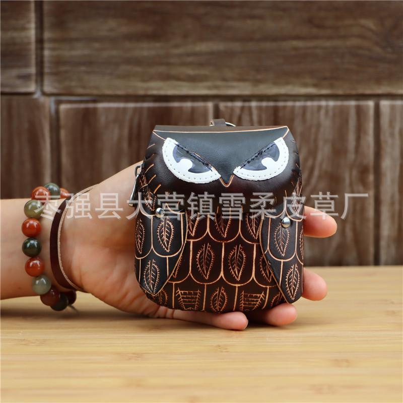 First Layer Cowhide Creative Owl Mini Change Bag Cowhide Card Bag Key Bag Clutch Bag Flip Hand Bag