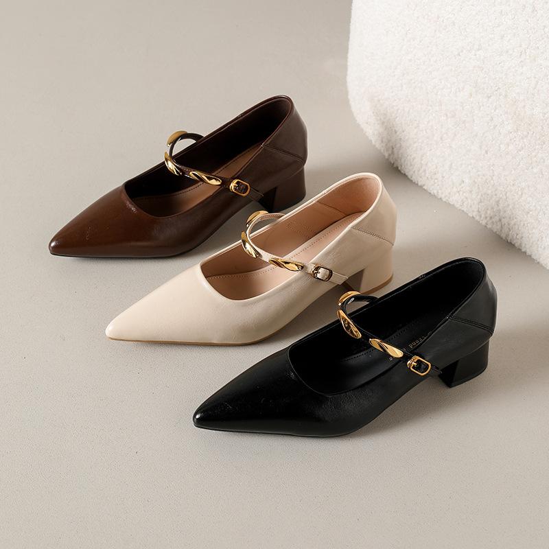 New Thick Heel Mary Jane Women's Shoes 2025 Spring and Autumn New French Pointed Metal Word with Middle Heel Single Shoes