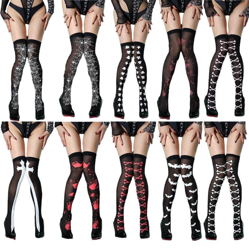 Skull Print Thigh-High Halloween Stockings – Polyester Over-the-Knee Socks