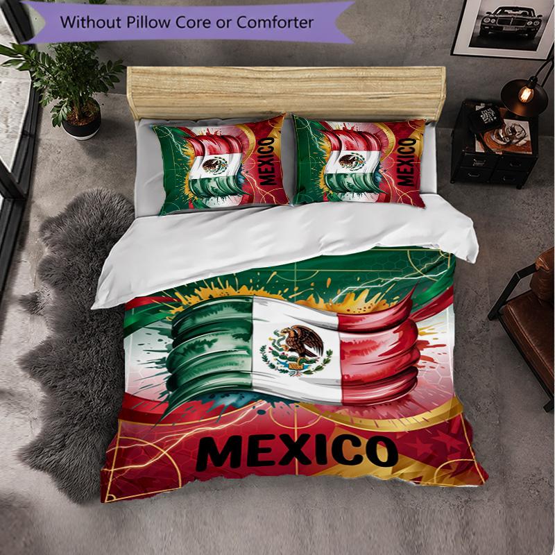 Mexico Footbal Pattern 3 Pieces Bedding Set Soft Microfiber Duvet Cover with Pillow Cases for Bedroom
