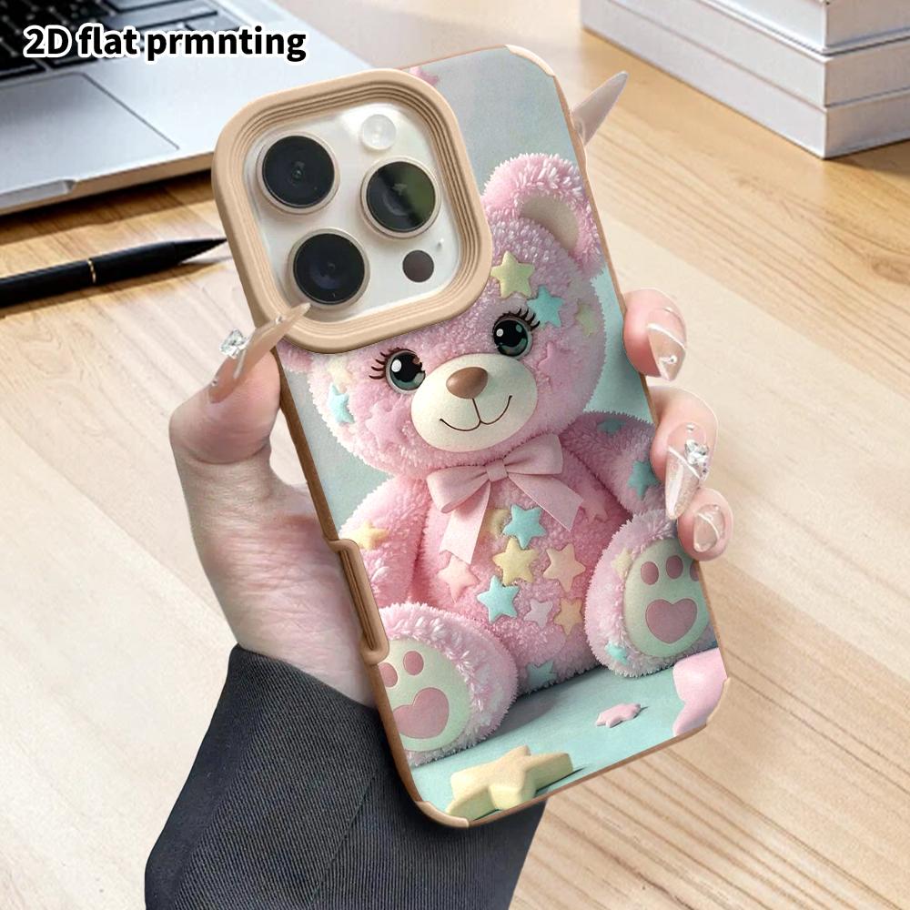Phone Case: 2D flat lambskin suitable for iPhone 18 17 16 15 14 13 Pro protective case, pink little bear, Christmas and Halloween gift