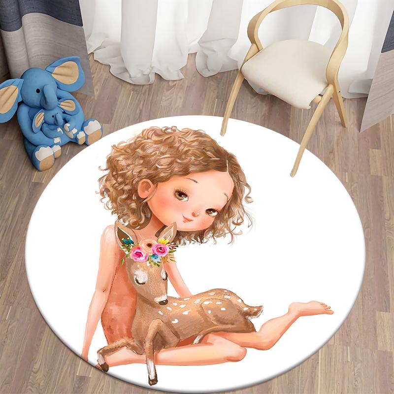Floor Mat Animal Little Girl Cute Round Rug Mat Living Room Rug Children's Room Decoration Door Mat Pet Mat