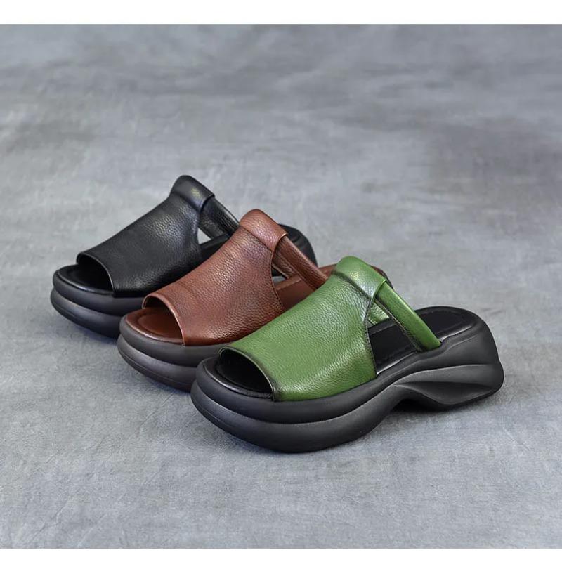 Johnature Genuine Leather Retro Thick Soled Peep Toe Outdoor Slippers Versatile Women's Slip-on Shoes
