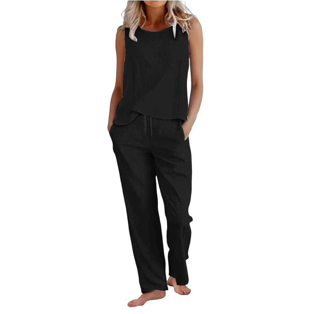 Women 2 Piece Sleeveless Tank Tops Wide Leg Pants Casual Linen Sets
