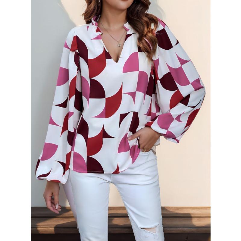 YYFS Women's Fashion Casual Spring Autumn Colour Block Print Long Sleeve V-Neck Blouses & Shirts