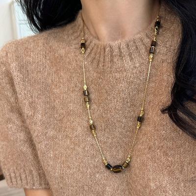 Outono e inverno Maillard Tiger'S Eye Stone Beads Necklace Feminino Nicho High-End Sense Personalizado Moda Versátil Pescoço Corrente Suéter Corrente