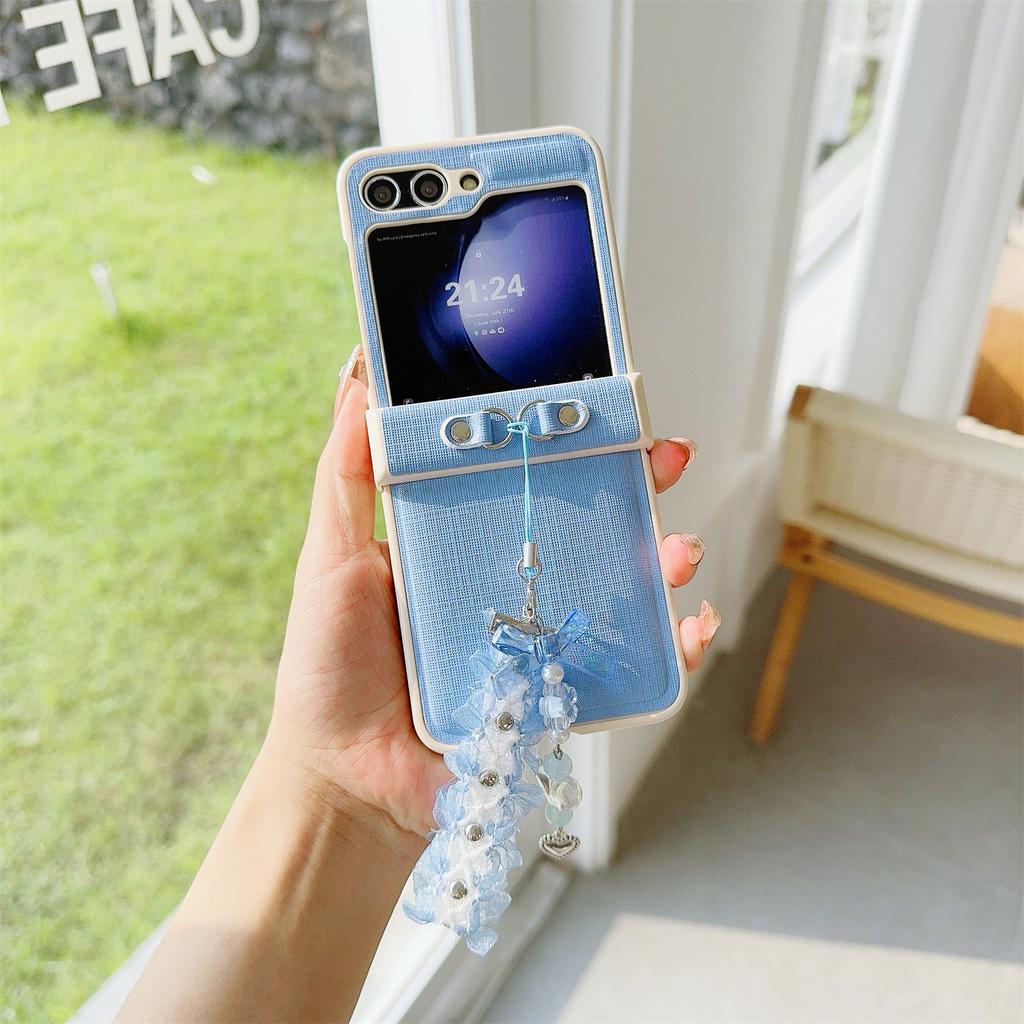 For Samsung Galaxy Z Flip5 5G Cross Texture PU Leather+PC Phone Case with Lace Beaded Pendant