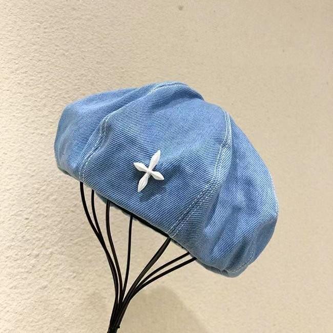 Washed denim hat women's autumn versatile beret retro octagonal hat big head circumference showing face small painter hat
