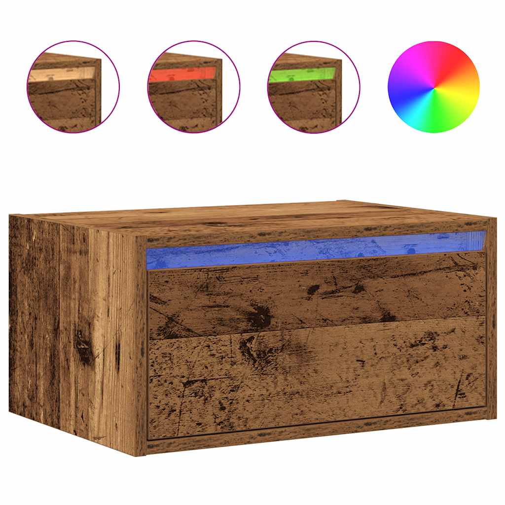 Wall Mounted Nightstand with LED Lights Vintage Wood Look