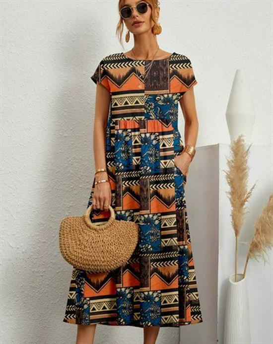 Large Cotton Linen Printed Summer Dress - Women's Loose Fit, Round Neck with Pockets.