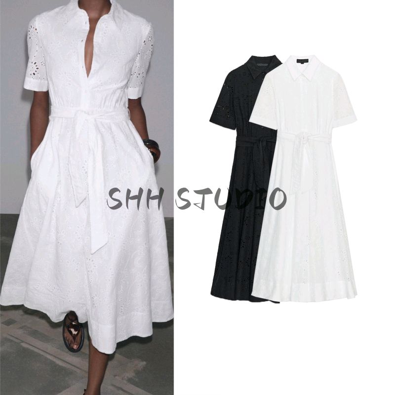 Summer New Product Women's Clothes with Belt Flip Collar Cut Out Embroider Shirt Short Sleeve Dress 8223087