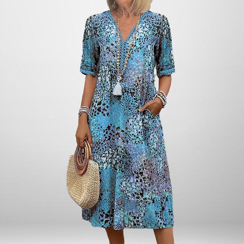 New Summer Women's Clothing Elegant and Fashionable Printed V-neck Short-sleeved Dress